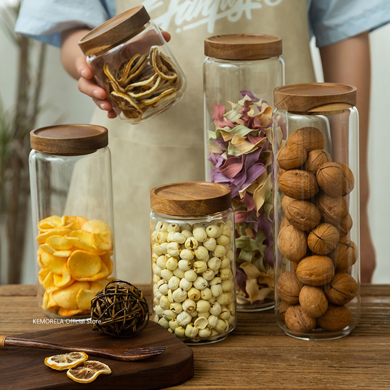 Food Storage Glass Box - Tapa de madera, recipiente hermético de